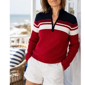 Y2K Preppy Mock Neck Sweater Red White Black Stripe Size Large Americana Knit